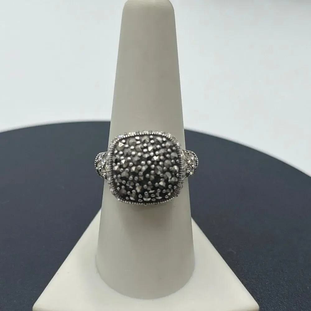 Sterling Silver Signed Ring Marcasite Crystal Cocktail Ring Vintage Style Size 8